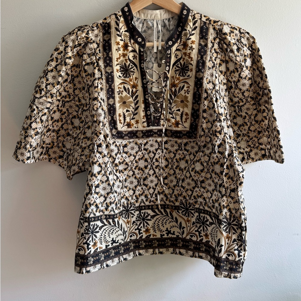Anthropologie Brown and Black Flutter Sleeve Blouse